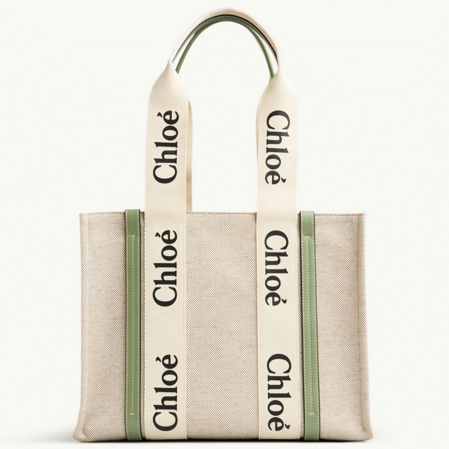 Top Quality Fake Chloe Medium Woody Tote Bag in Canvas with Green Leather Strips