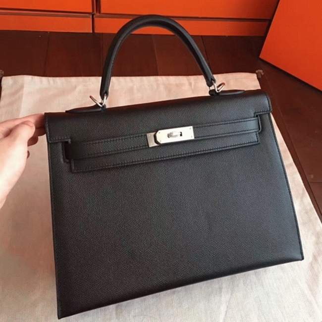 Black Epsom Replica Hermes Kelly 32cm Sellier Structured Bag