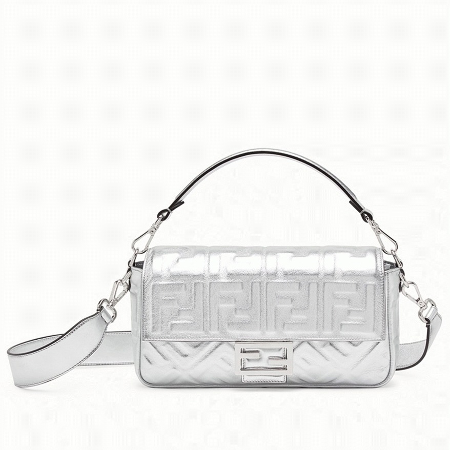 Top Quality Fake Fendi Large Baguette Bag In Silver FF Metallic Leather