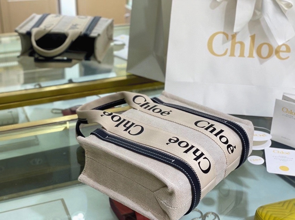 Top Quality Fake Chloe Small Woody Tote Bag in Canvas with Blue Leather Strips