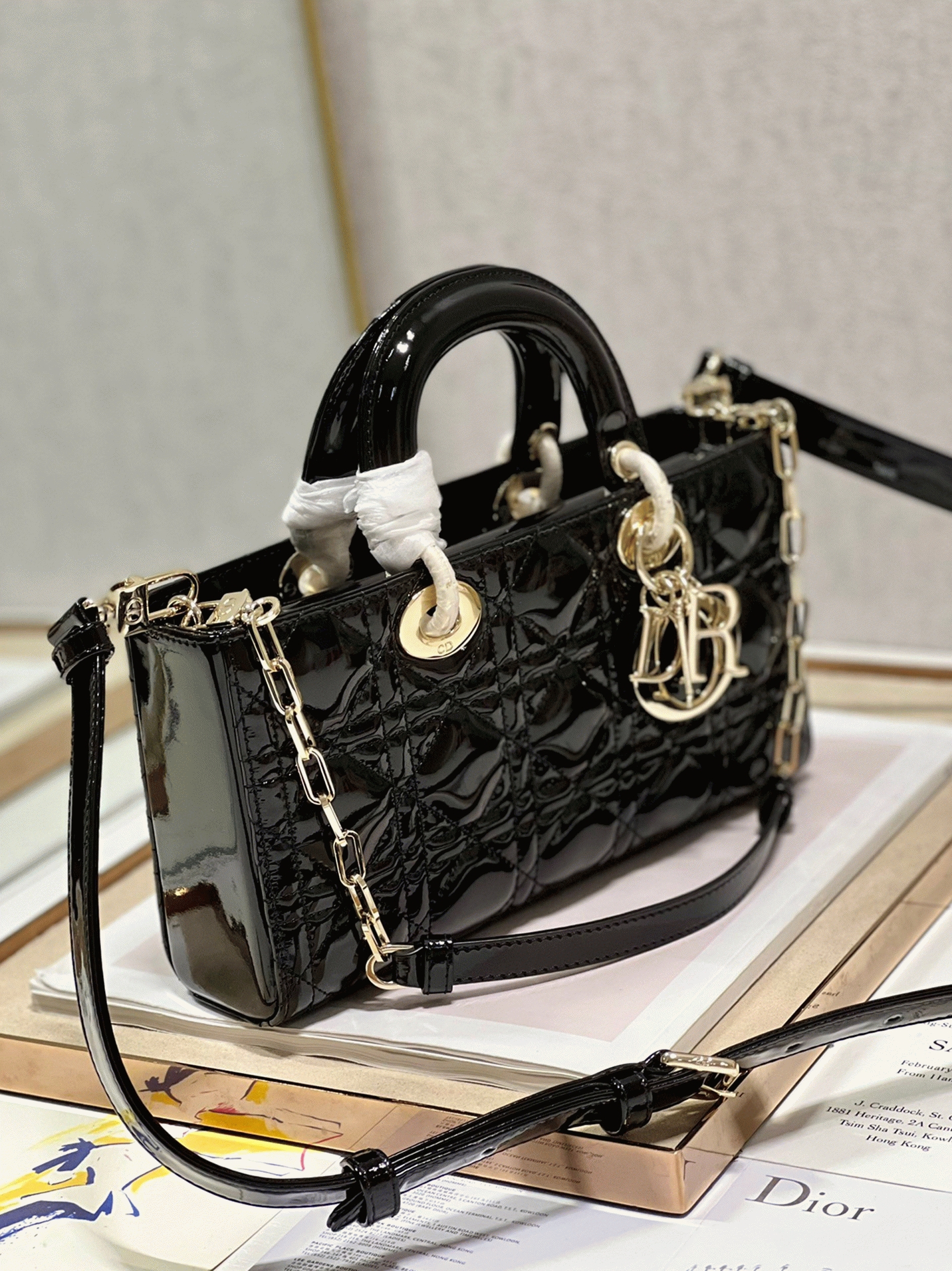 Dior Lady D-Joy Medium Bag Faux in Black Patent Cannage Calfskin