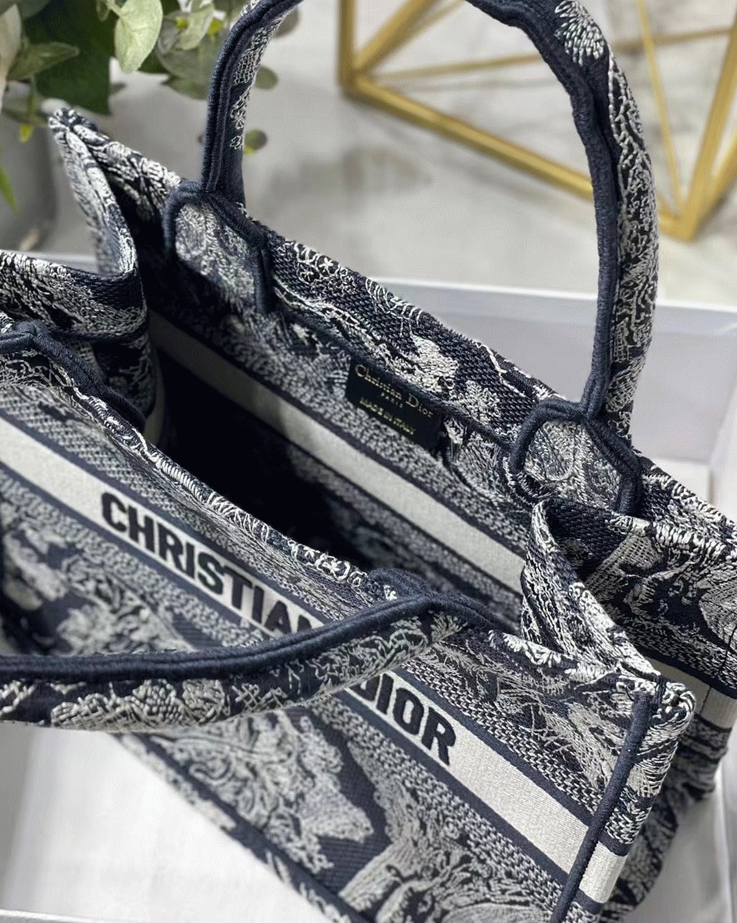 Dior Small Book Tote Bag Knockoff in Blue Toile de Jouy Reverse Embroidery