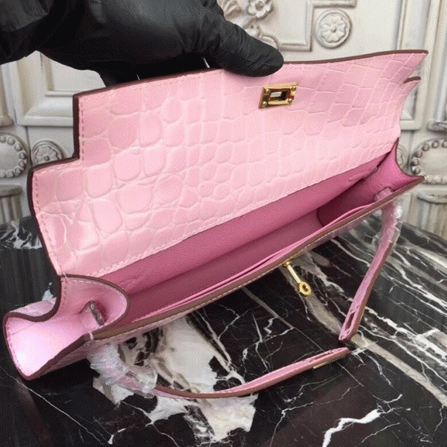 Pink Crocodile Replica Hermes Kelly Cut Clutch Feminine Tote