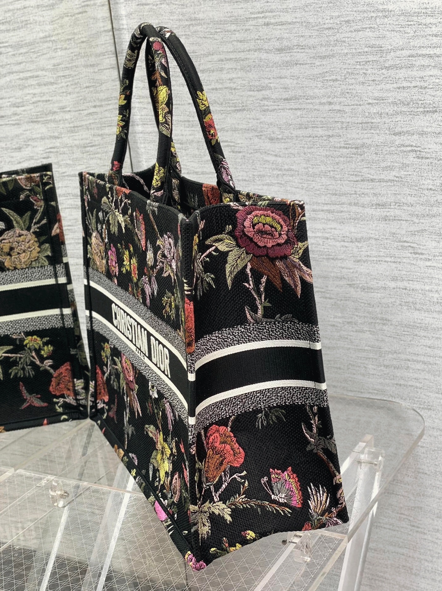 Dior Large Book Tote Bag Faux in Black Jardin Botanique Embroidery