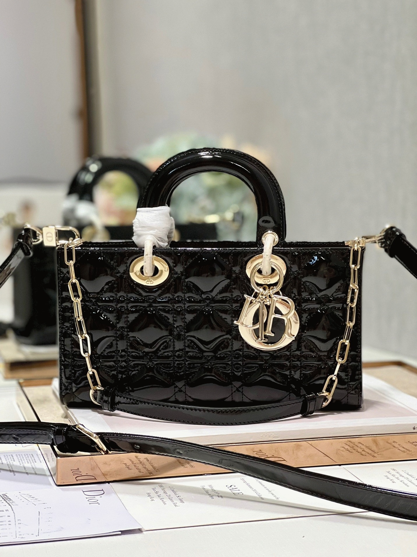 Dior Lady D-Joy Medium Bag Faux in Black Patent Cannage Calfskin