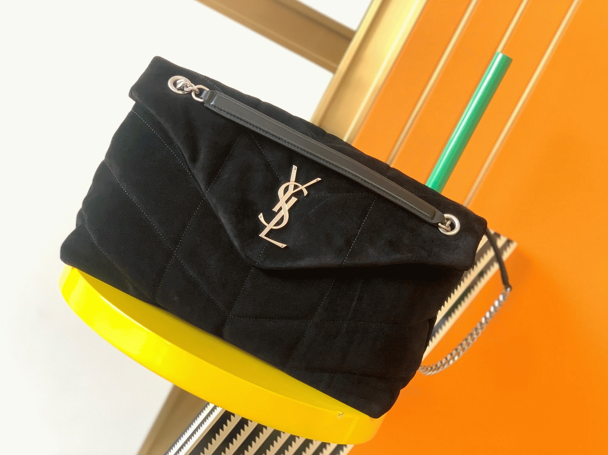 Saint Laurent Puffer Medium Chain Bag Black Suede Calfskin
