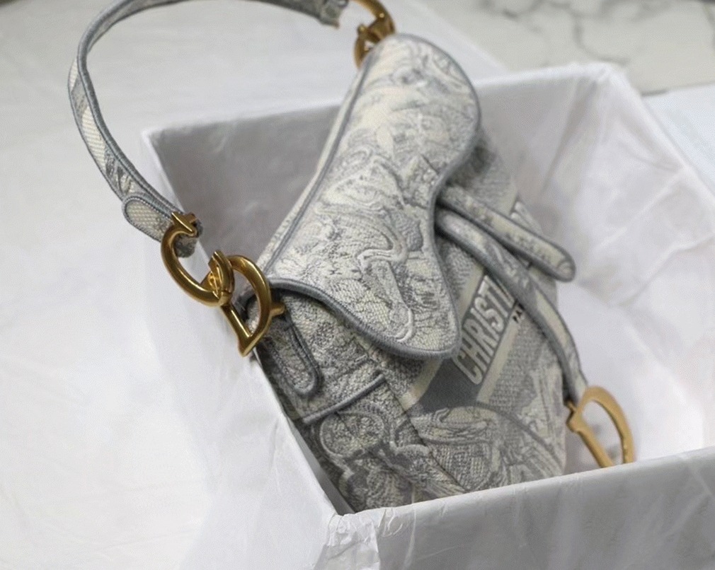 Dior Saddle Bag Fake in Grey Toile de Jouy Embroidery