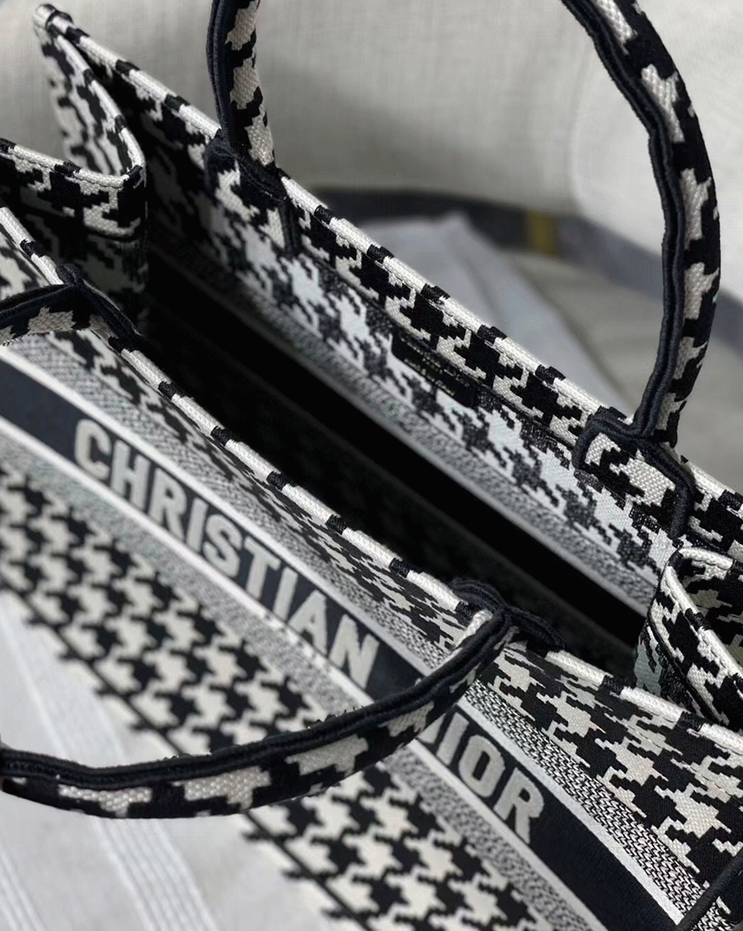 Dior Medium Book Tote Bag Replica in Black Houndstooth Embroidery