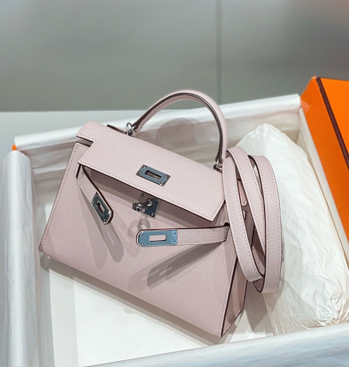 Hermes Kelly Mini II Bag Replica in Mauve Pale