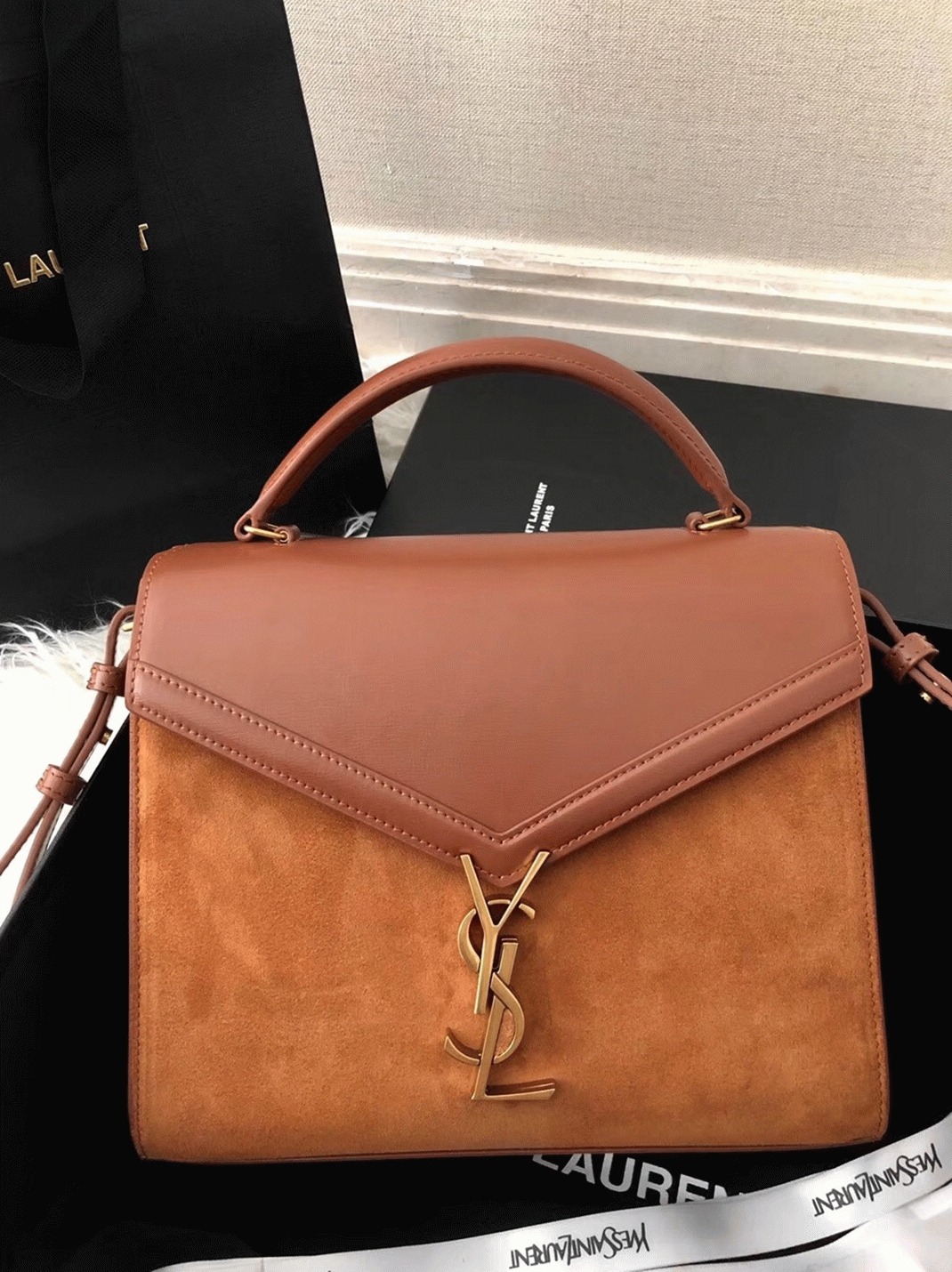 Fake Saint Laurent Cassandra Medium Bag Brown Suede