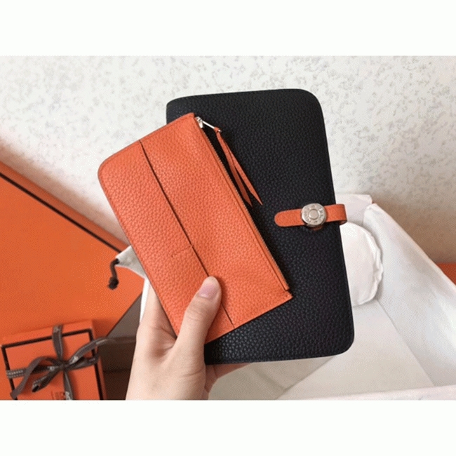 Black orange fake luxury Hermes Dogon duo wallet