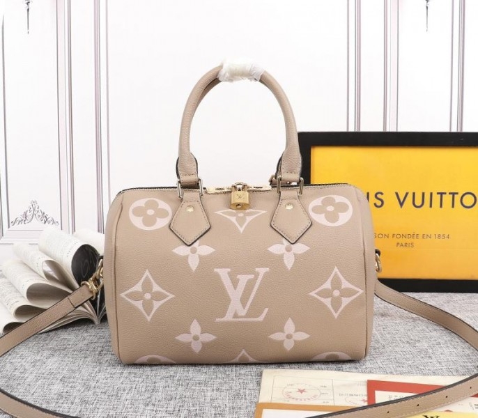 Louis Vuitton Bicolor Monogram Empreinte Leather Speedy Bandouliere 25 Handbag In Tourterelle Gray And Cream