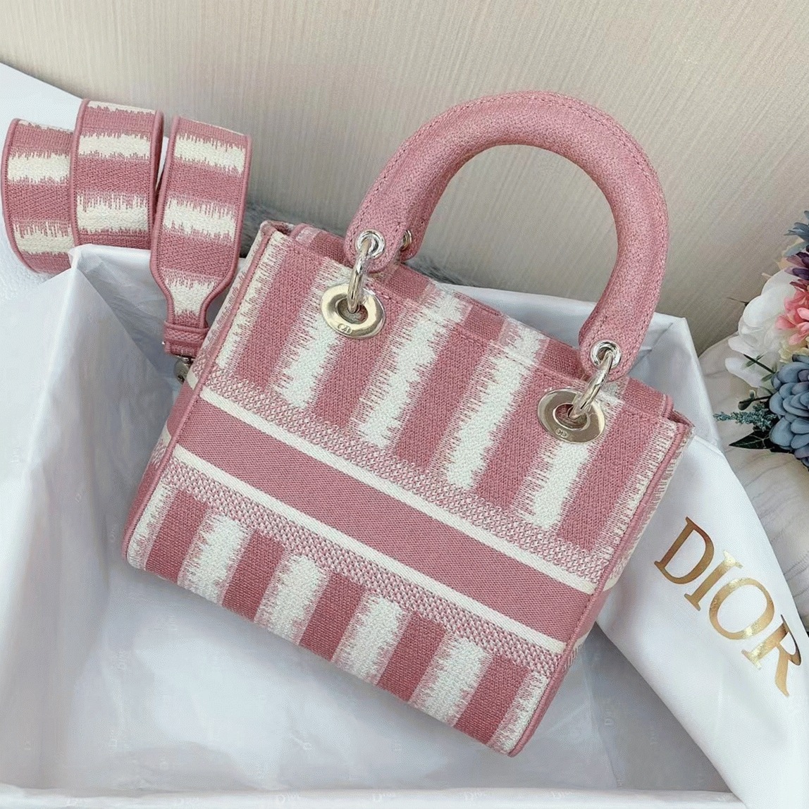 Dior Lady D-Lite Medium Bag Replica in Pink D-Stripes Embroidery