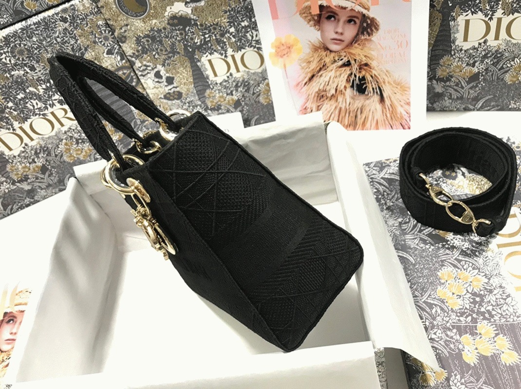 Dior Lady D-Lite Medium Bag Replica in Black Cannage Embroidered Canvas