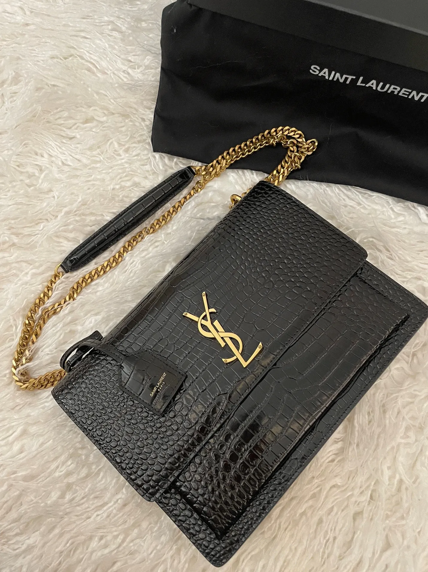 Black Croc-Embossed Leather YSL Sunset Medium Chain Replica Bag