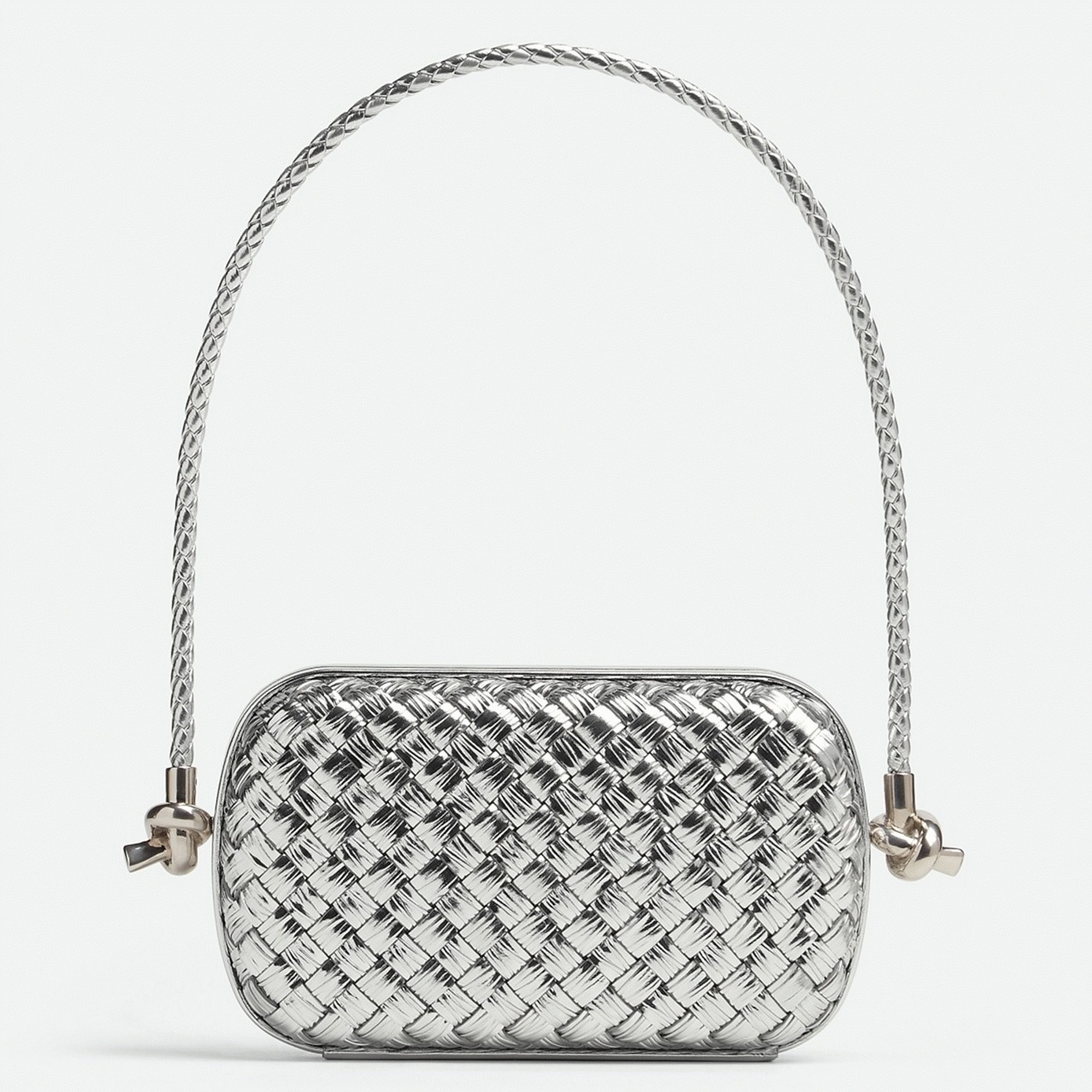 Fake Bottega Veneta Knot Minaudiere On Strap Silver Intreccio Laminated Leather