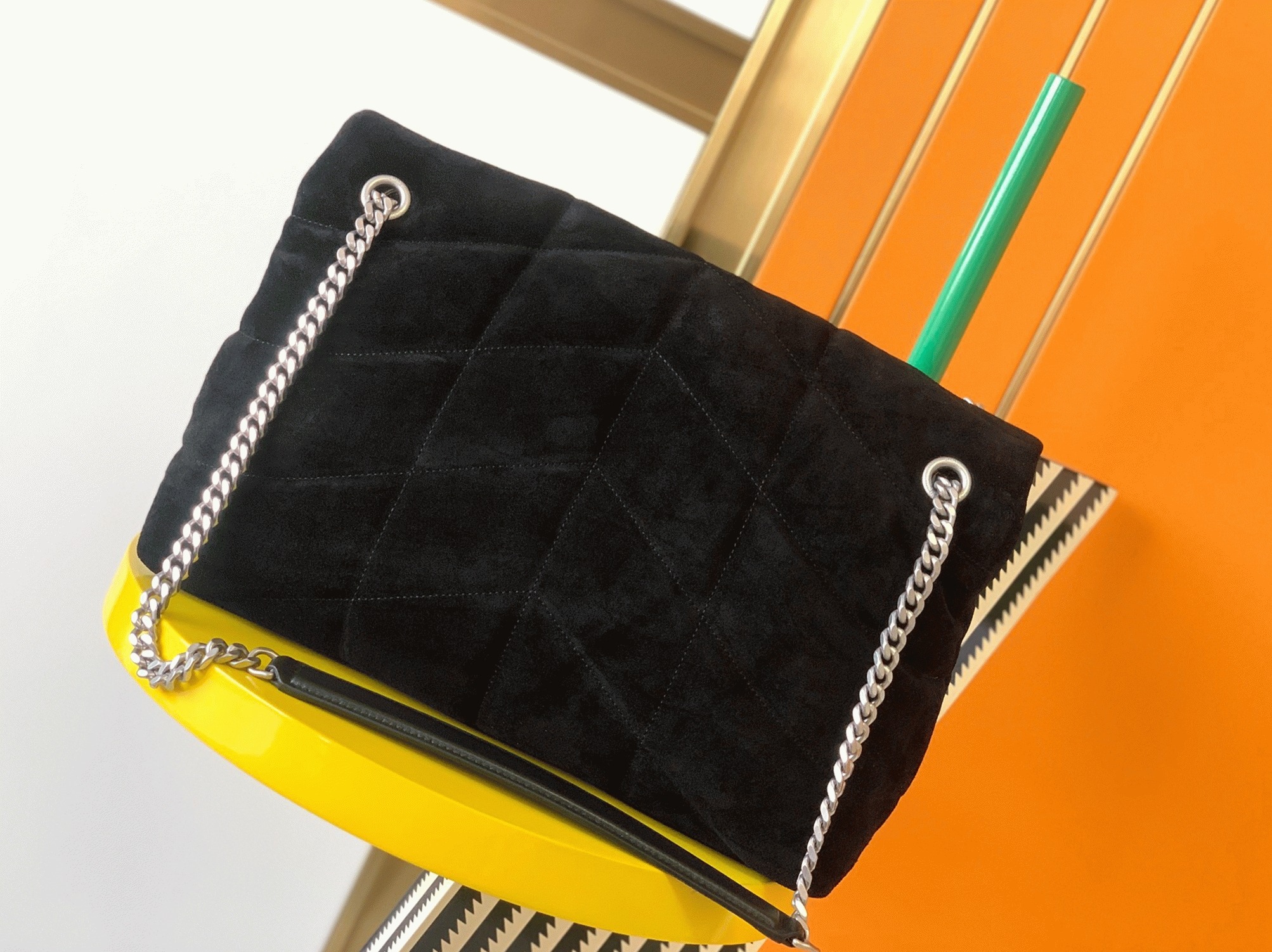 Saint Laurent Puffer Medium Chain Bag Black Suede Calfskin