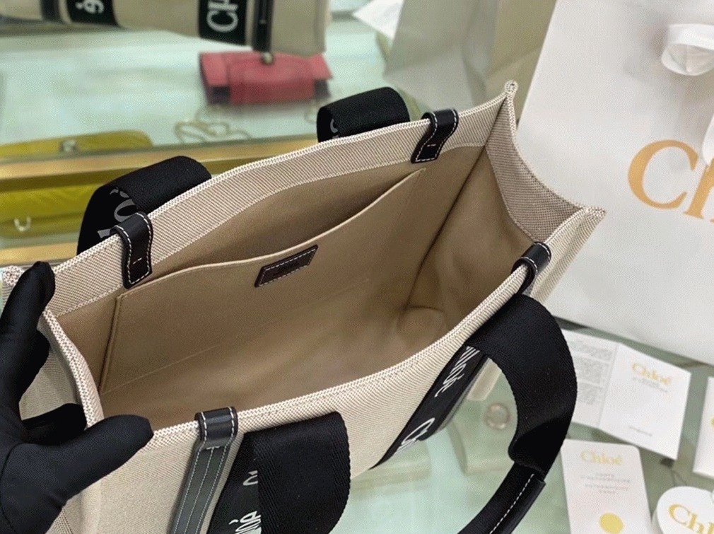 Top Quality Fake Chloe Large Woody Tote Bag in Canvas with Black Leather Strips