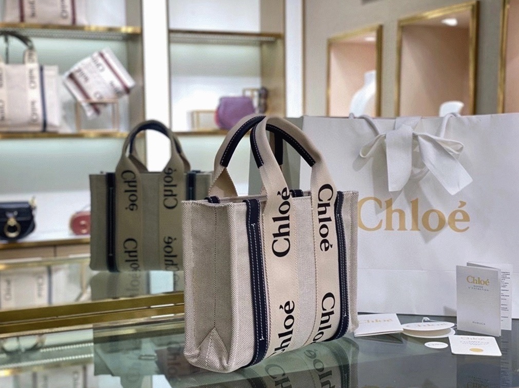 Top Quality Fake Chloe Small Woody Tote Bag in Canvas with Blue Leather Strips