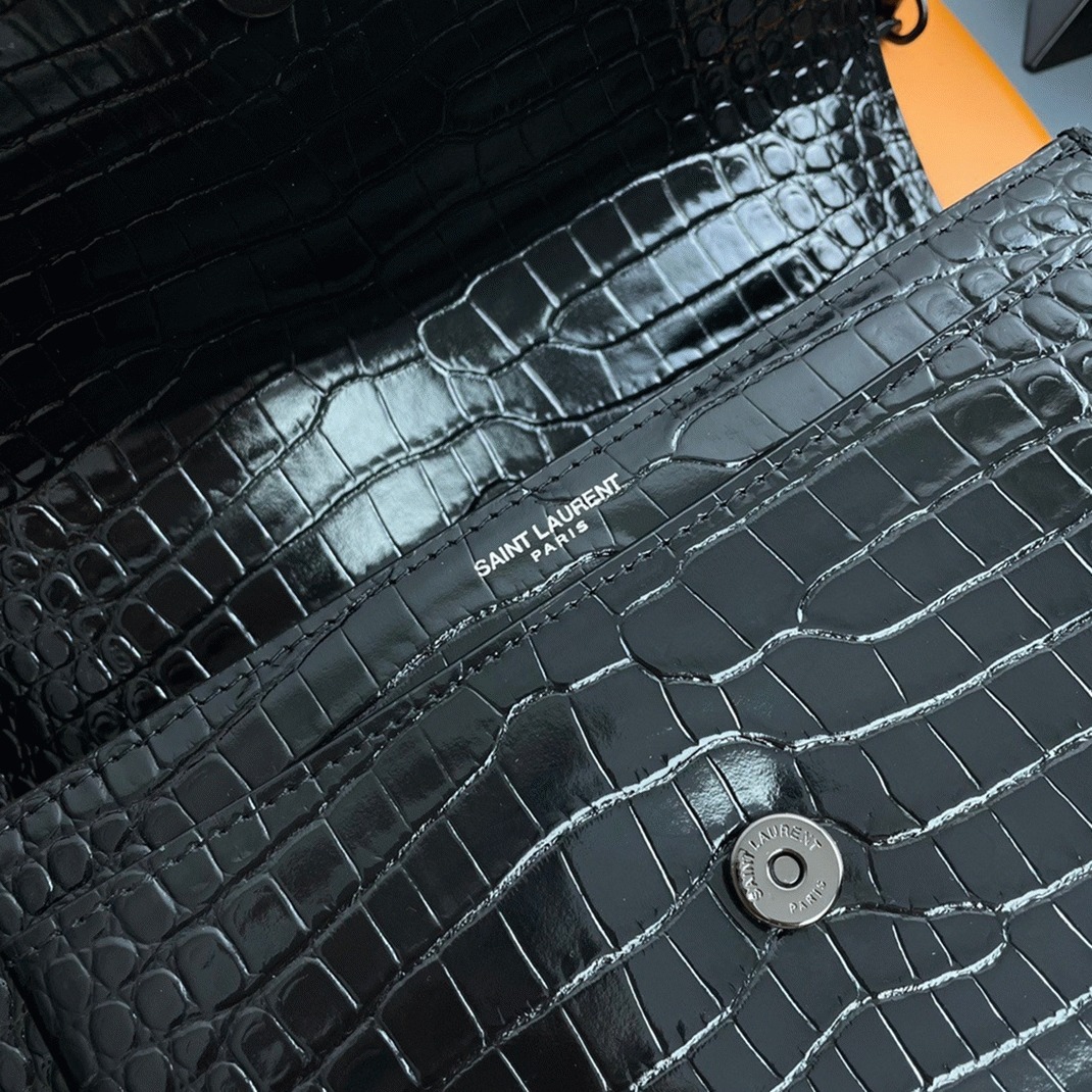 Fake Saint Laurent Sunset Medium All Black Chain Bag Crocodile-embossed Leather