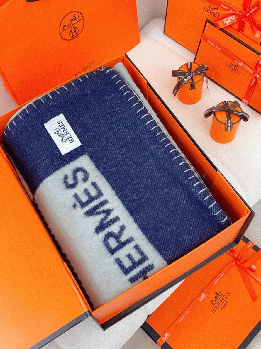 Fake Hermes H Riviera blanket in marine wool and cashmere