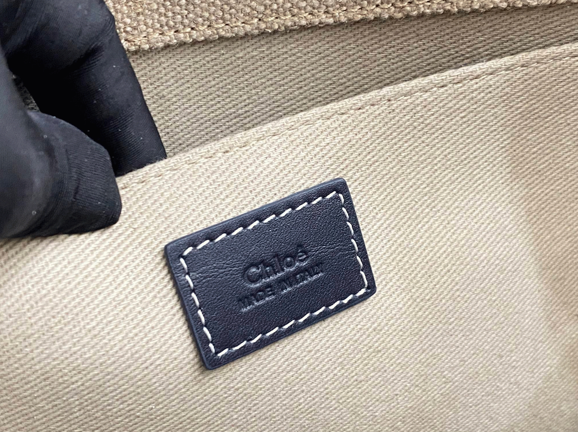 Top Quality Fake Chloe Woody Large Tote Bag in Linen Canvas with Navy Blue Leather