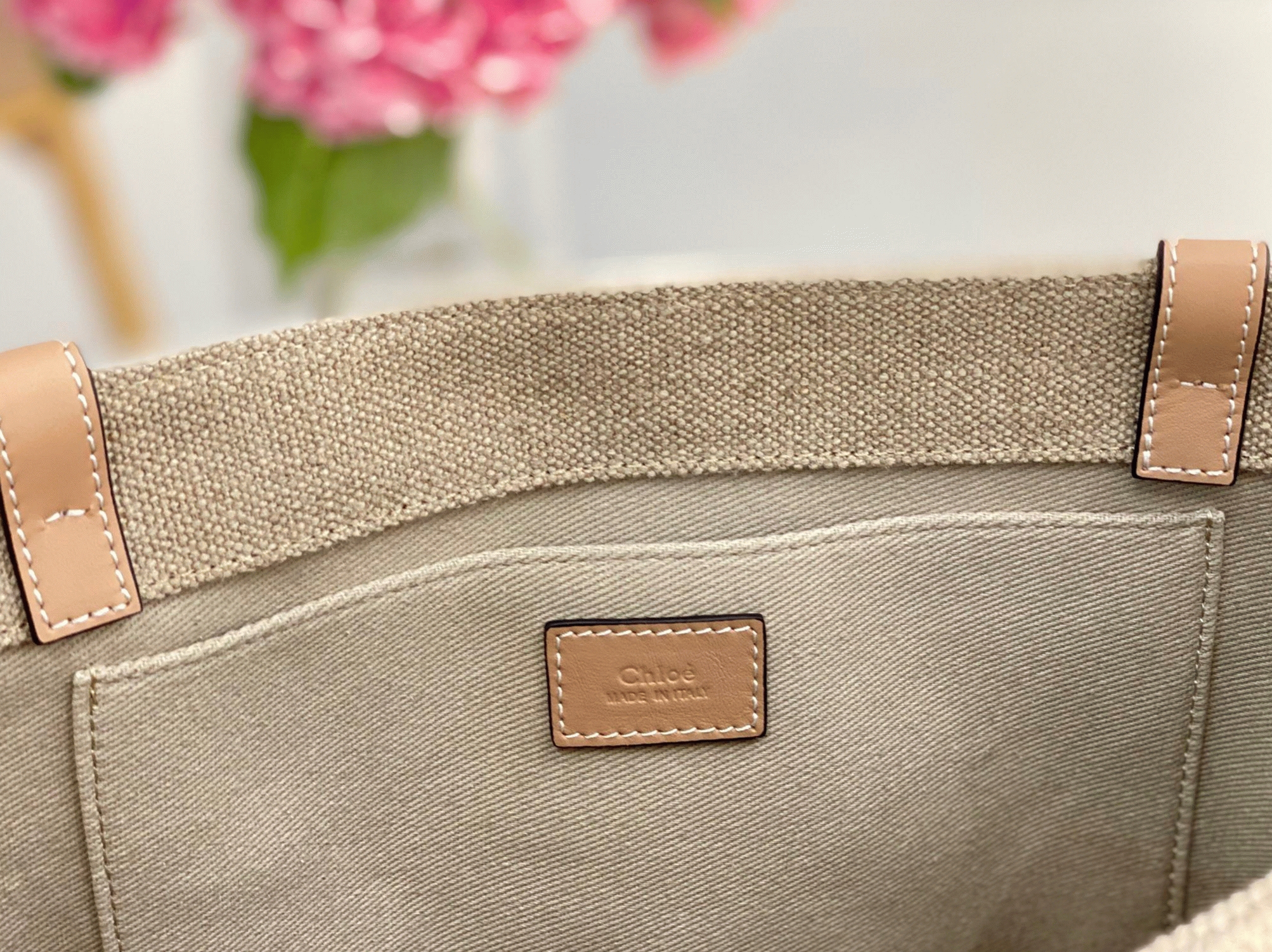 Top Quality Fake Chloe Woody Medium Tote Bag in Linen Canvas with Beige Leather
