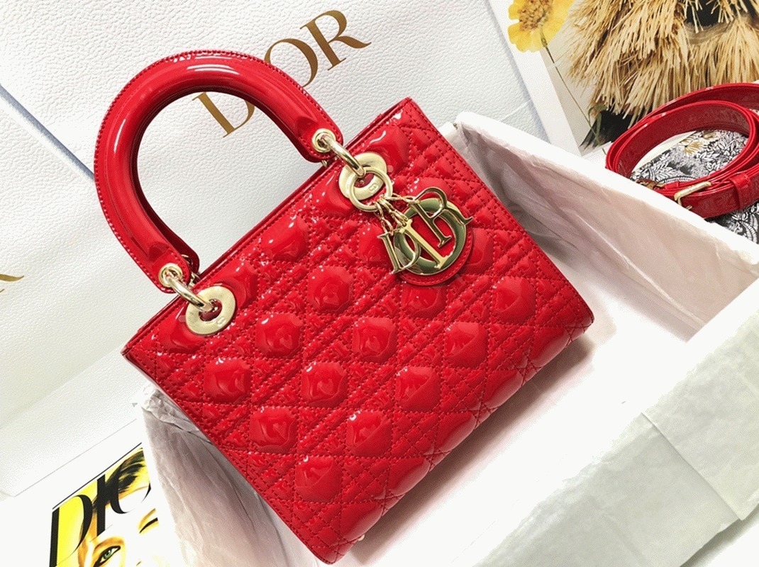 Dior Small Lady Dior Bag Replica in Red Patent Cannage Calfskin