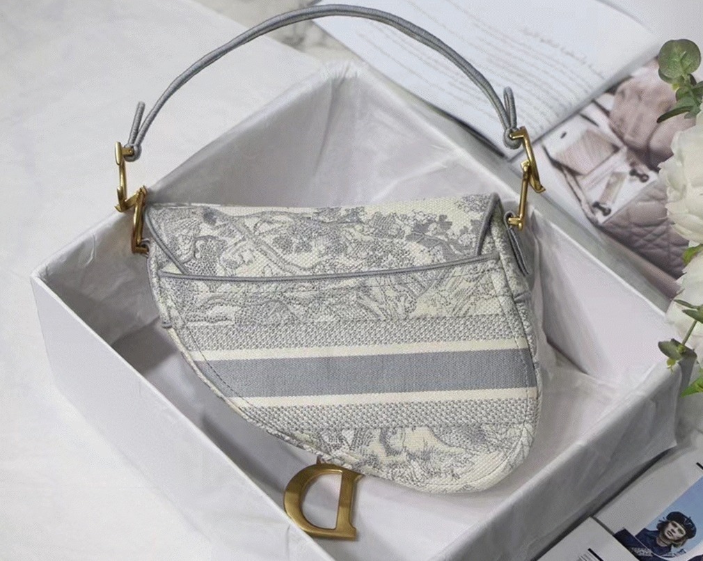Dior Saddle Bag Fake in Grey Toile de Jouy Embroidery