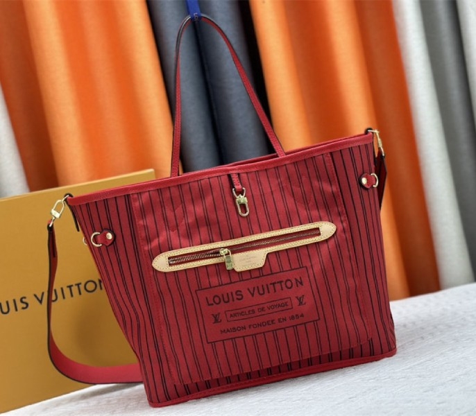 Louis Vuitton Neverfull Bandouliere Inside Out MM Tote In Monogram Canvas And Rouge Sari Textile