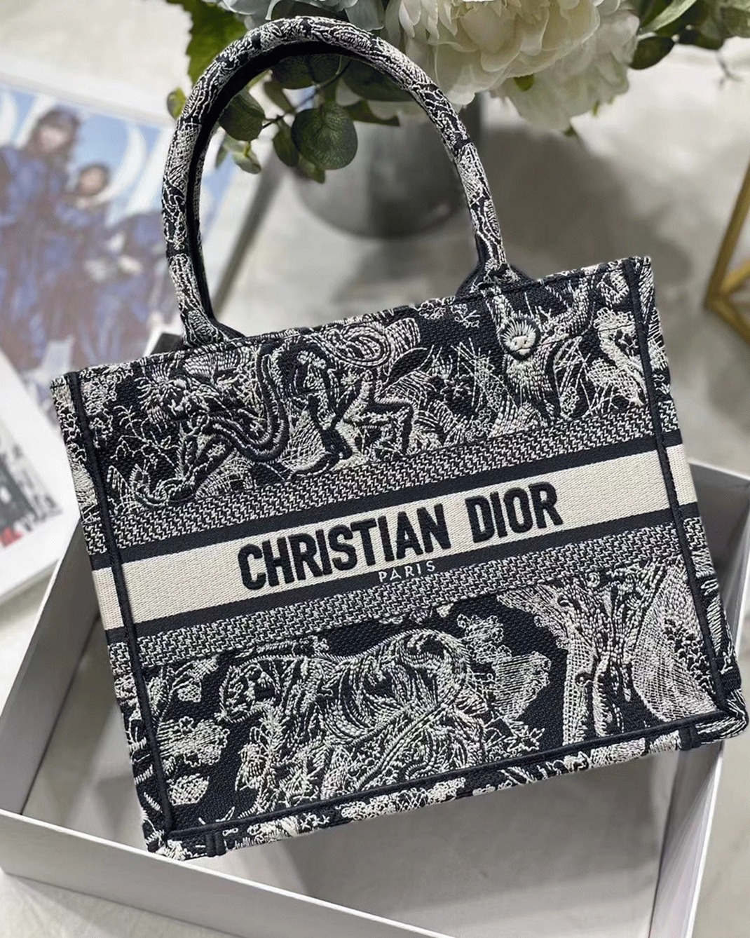 Dior Small Book Tote Bag Knockoff in Blue Toile de Jouy Reverse Embroidery
