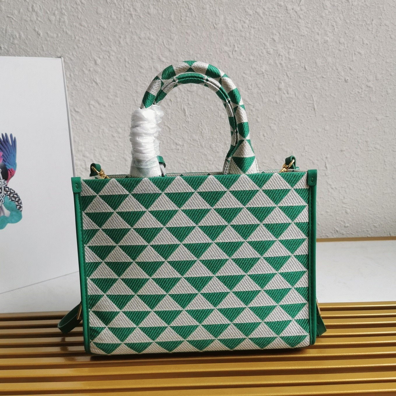Prada Symbole Small Bag Replica in Green/White Jacquard Fabric