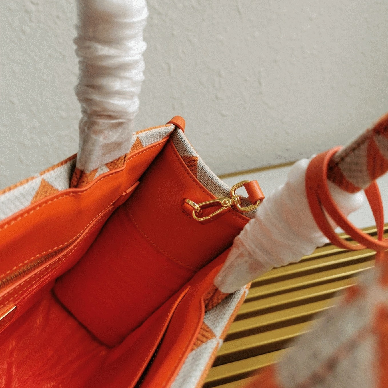 Prada Symbole Small Bag Fake in Orange/White Jacquard Fabric