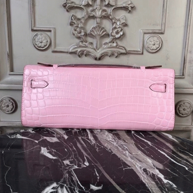Pink Crocodile Replica Hermes Kelly Cut Clutch Feminine Tote