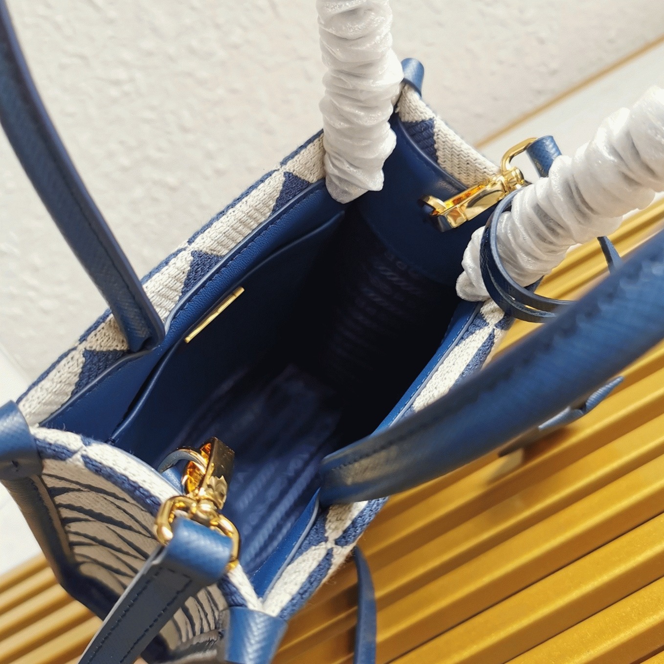 Prada Symbole Micro Bag Replica in White/Blue Jacquard Fabric