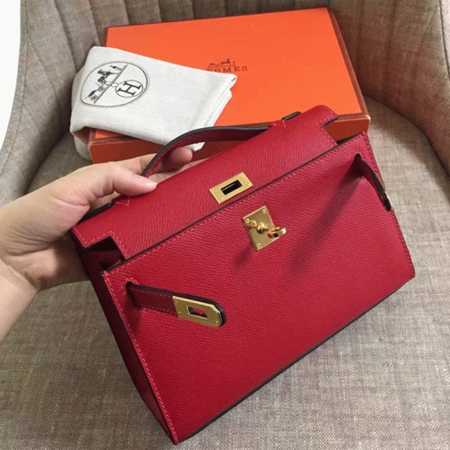 Rouge Vif Epsom Fake Hermes Kelly Pochette Red Bold Clutch