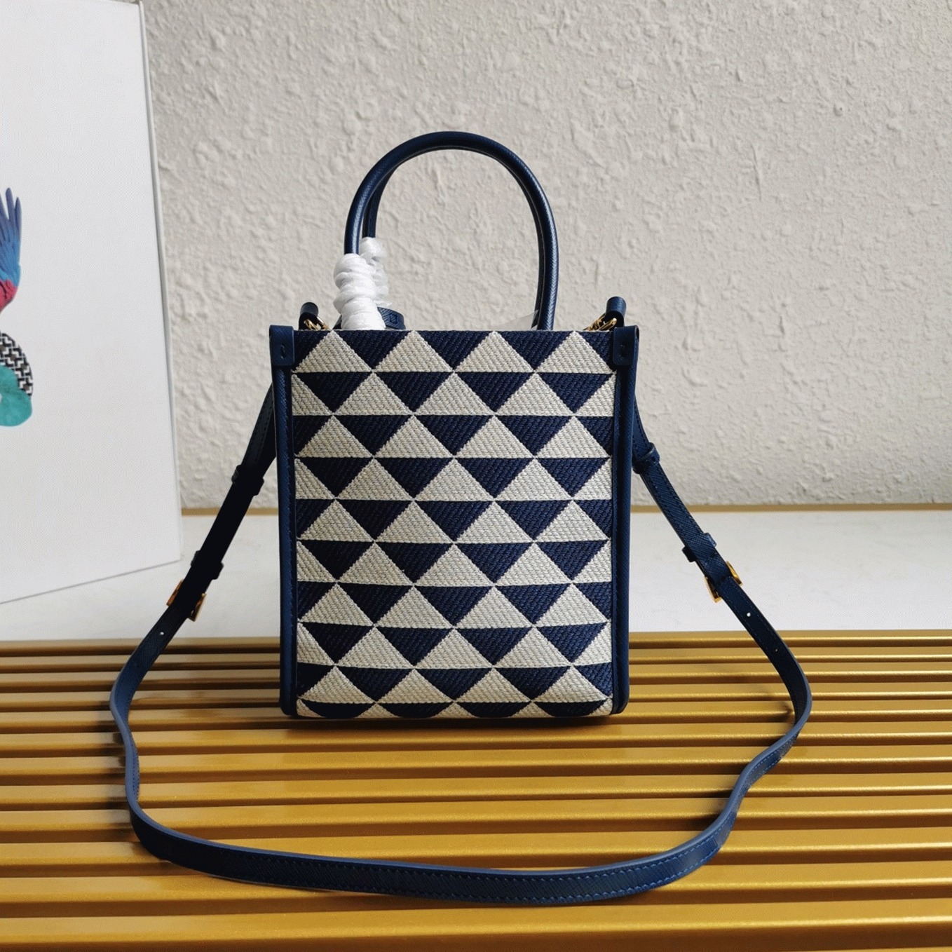 Prada Symbole Micro Bag Replica in White/Blue Jacquard Fabric