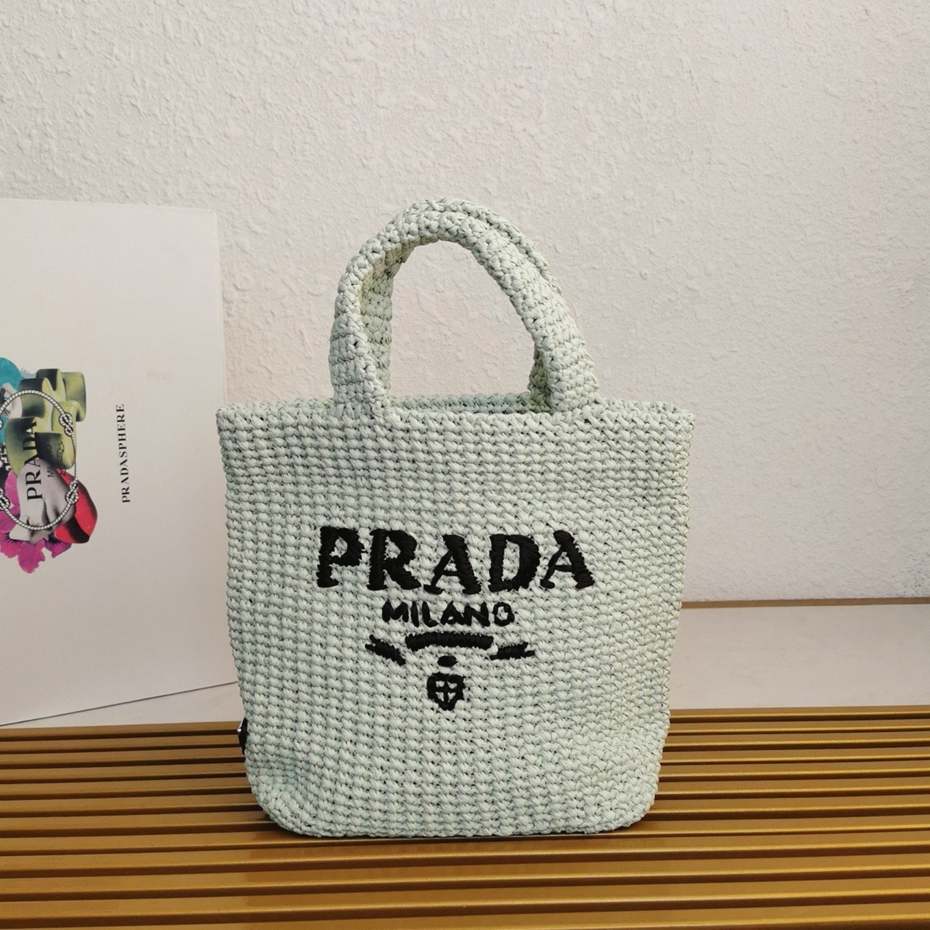 Prada Small Crochet Tote Bag Replica in Aqua Raffia-effect Yarn