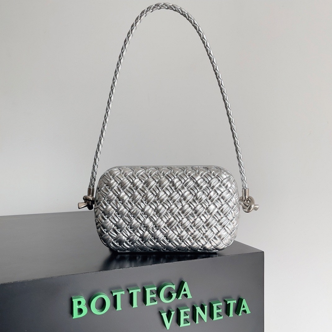 Fake Bottega Veneta Knot Minaudiere On Strap Silver Intreccio Laminated Leather