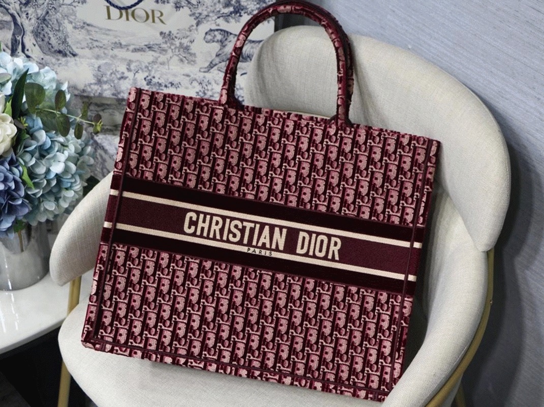 Dior Large Book Tote Bag Fake in Bordeaux Oblique Embroidered Velvet