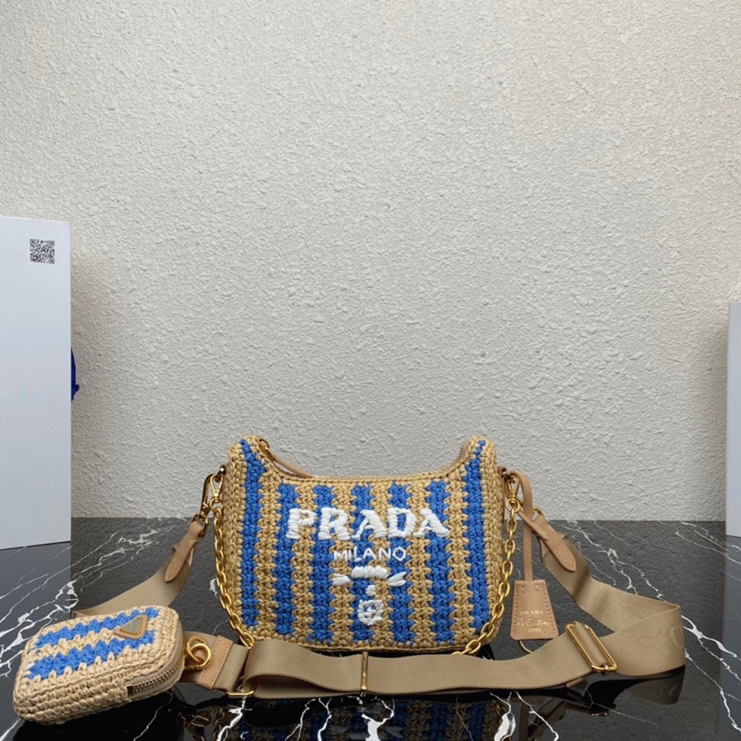 Prada Re-Edition Bag Fake in Beige and Blue Stripe