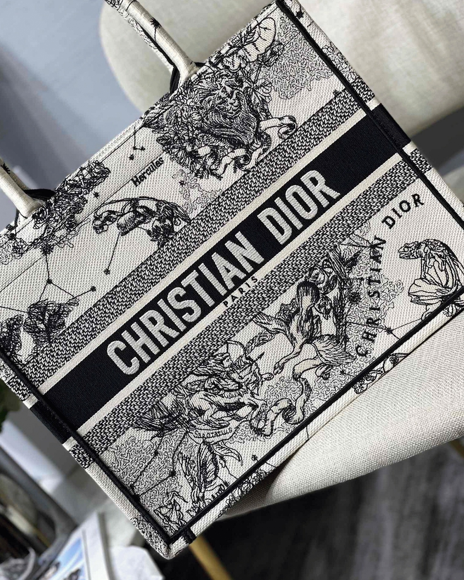Dior Large Book Tote Bag Replica in White Toile de Jouy Zodiac Embroidery