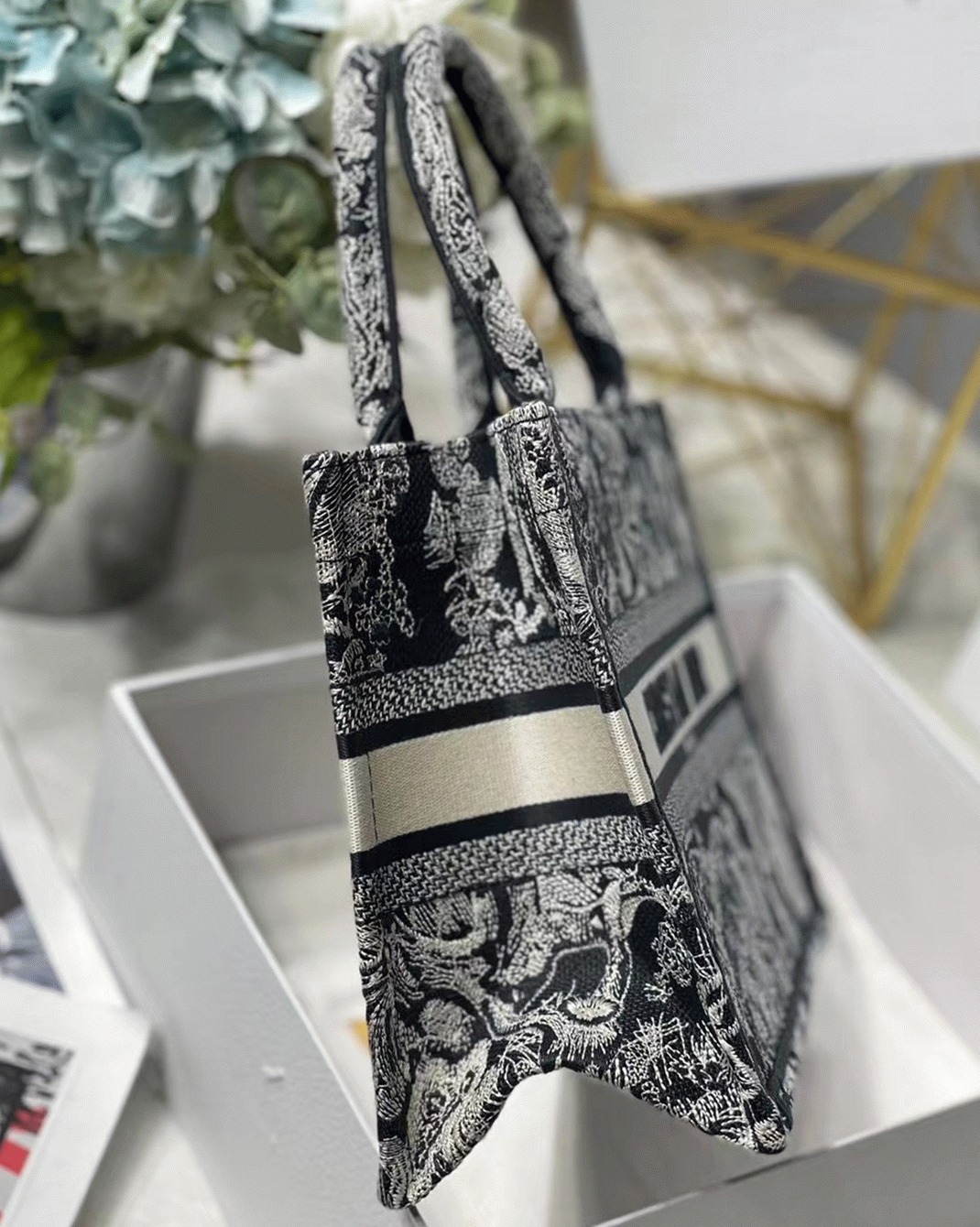 Dior Small Book Tote Bag Knockoff in Blue Toile de Jouy Reverse Embroidery