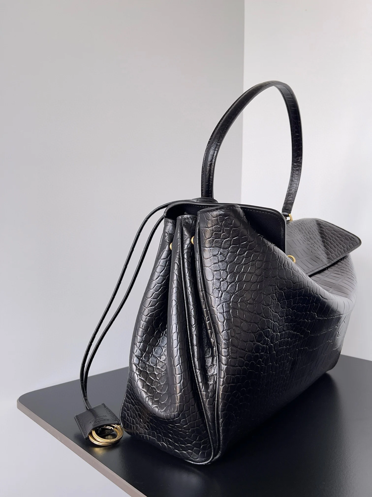 Knockoff Balenciaga Rodeo Large Bag Black Crocodile Embossed Calfskin