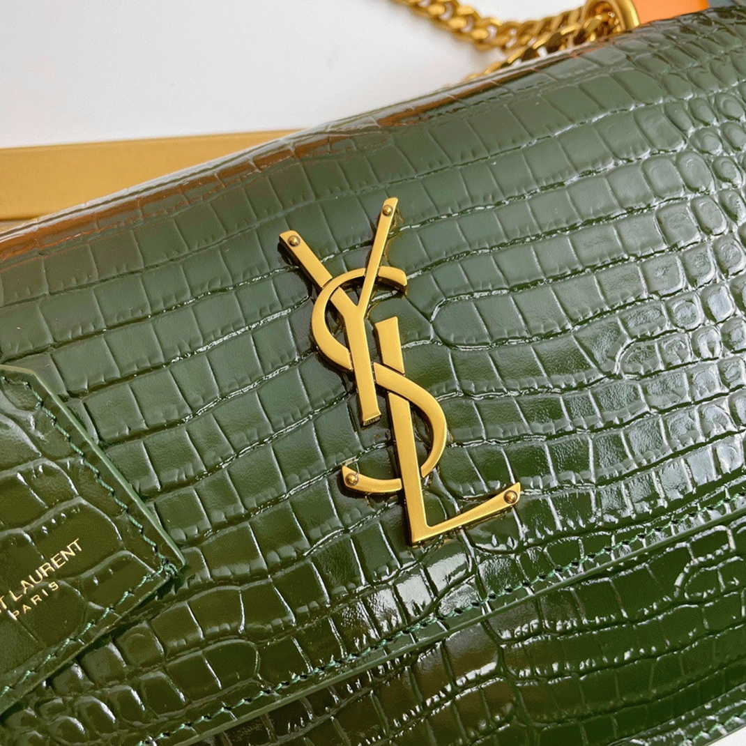 Fake Saint Laurent Sunset Medium Chain Bag Green Crocodile-embossed Leather