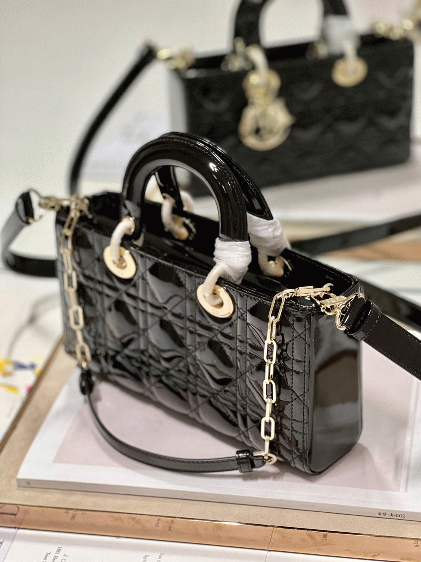 Dior Lady D-Joy Medium Bag Faux in Black Patent Cannage Calfskin
