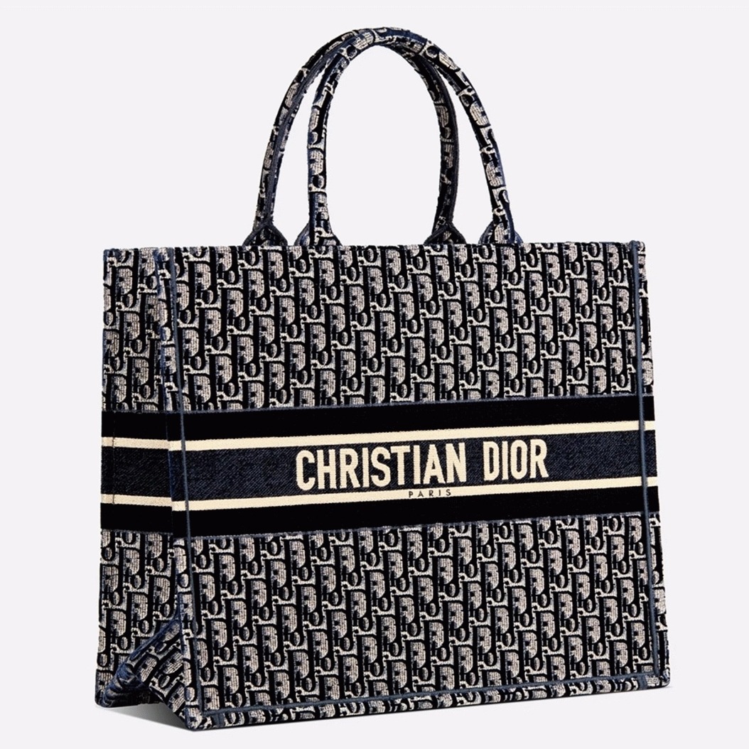 Dior Large Book Tote Bag Replica in Blue Oblique Embroidered Velvet