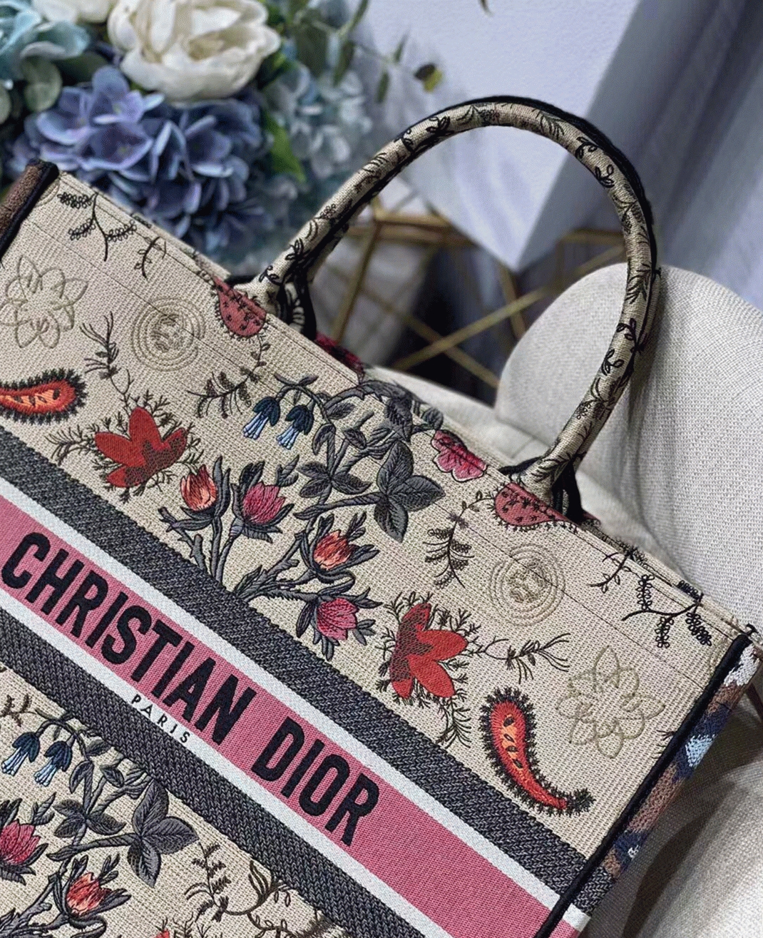 Dior Large Book Tote Bag Fake in Multicolor Dior Flowers Embroidery