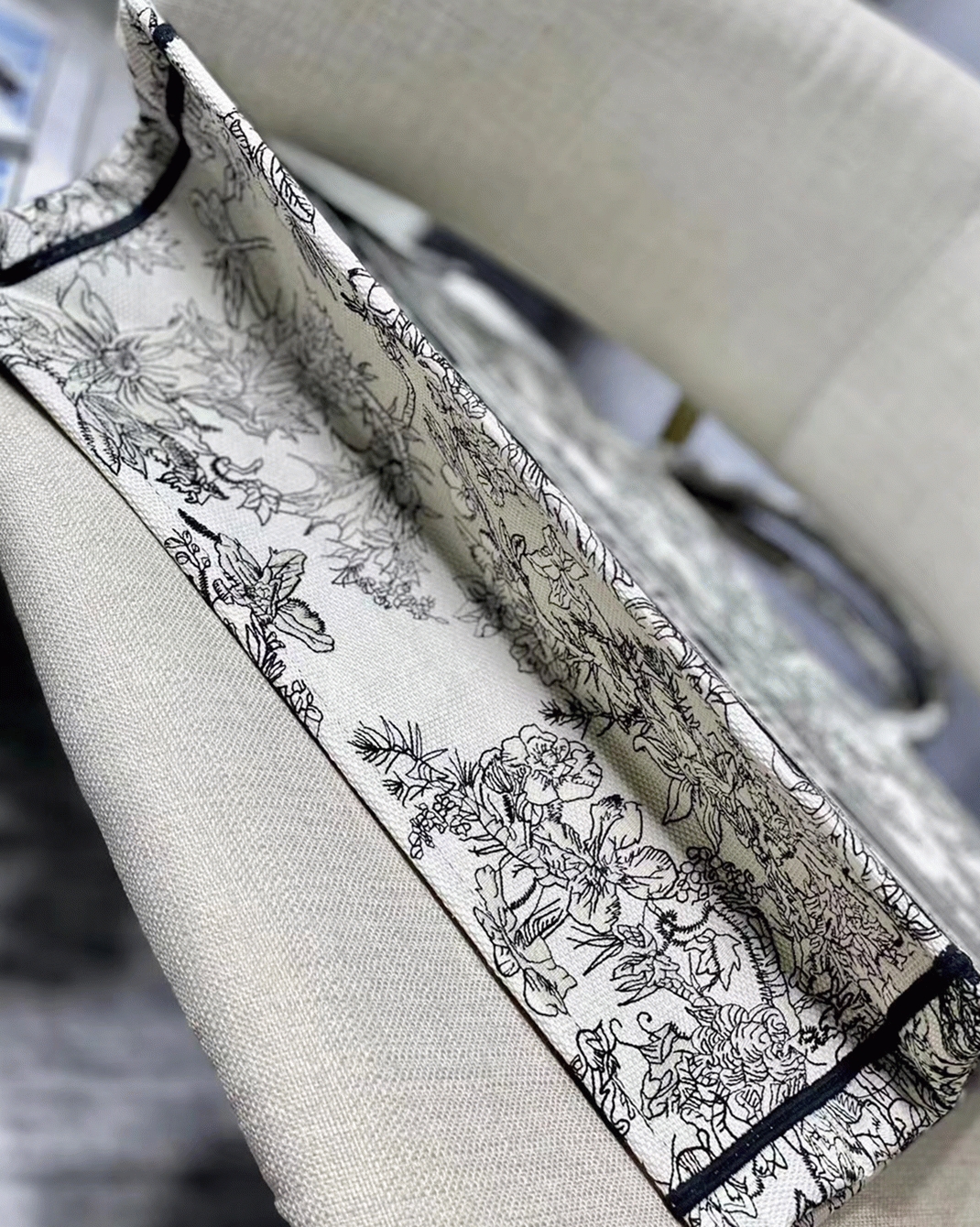 Dior Large Book Tote Bag Replica in Blue Toile de Jouy Flowers Embroidery