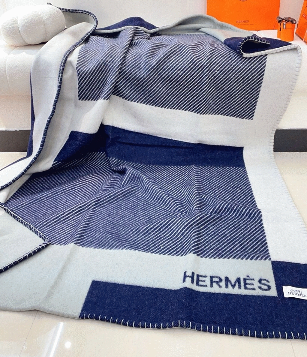Fake Hermes H Riviera blanket in marine wool and cashmere